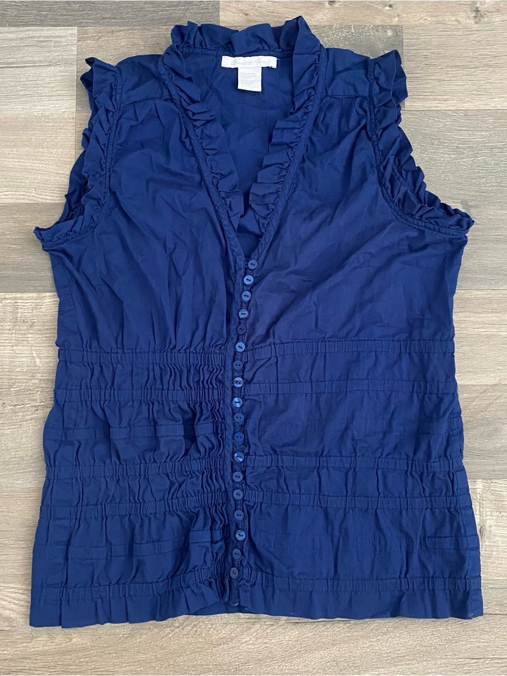 Vintage Y2K Charlotte Russe Blue Ruffle Sleeveless Cotton Button Up Elastic Wais